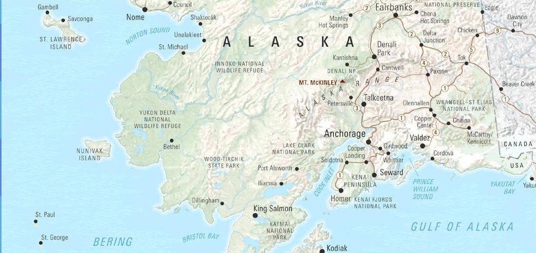 Alaska Map - from Gambell/Nome south to Kodiak-